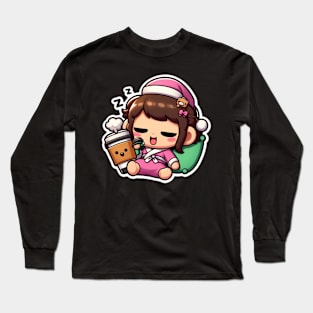 Tiny Snoozer: Baby Drifting Off with a Cup of Coffee Long Sleeve T-Shirt